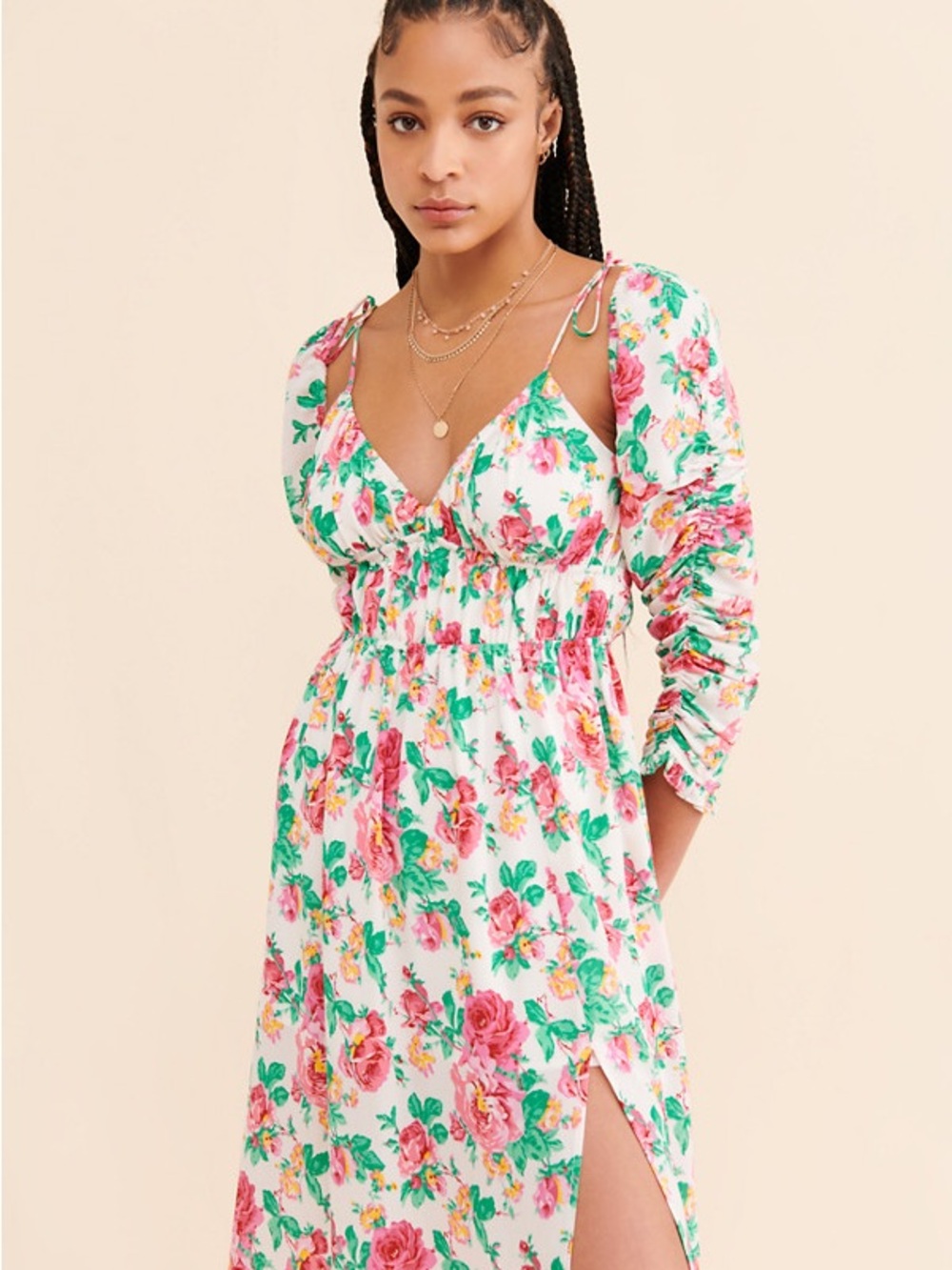 For Love & Lemons White Floral Long-Sleeve Maxi Dress with Pink Roses
